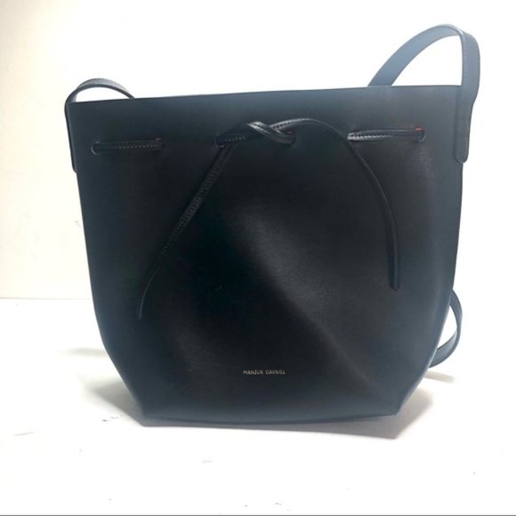 Mansur Gavriel black leather crossbody bucket bag